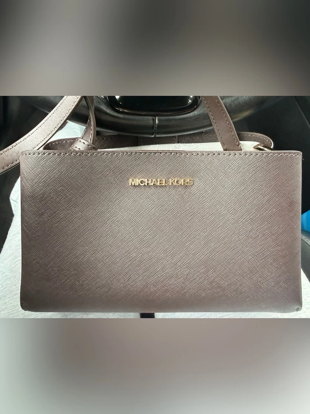 Michael Kors Saffiano Leather Tote in Taupe Gray with Gold Logo